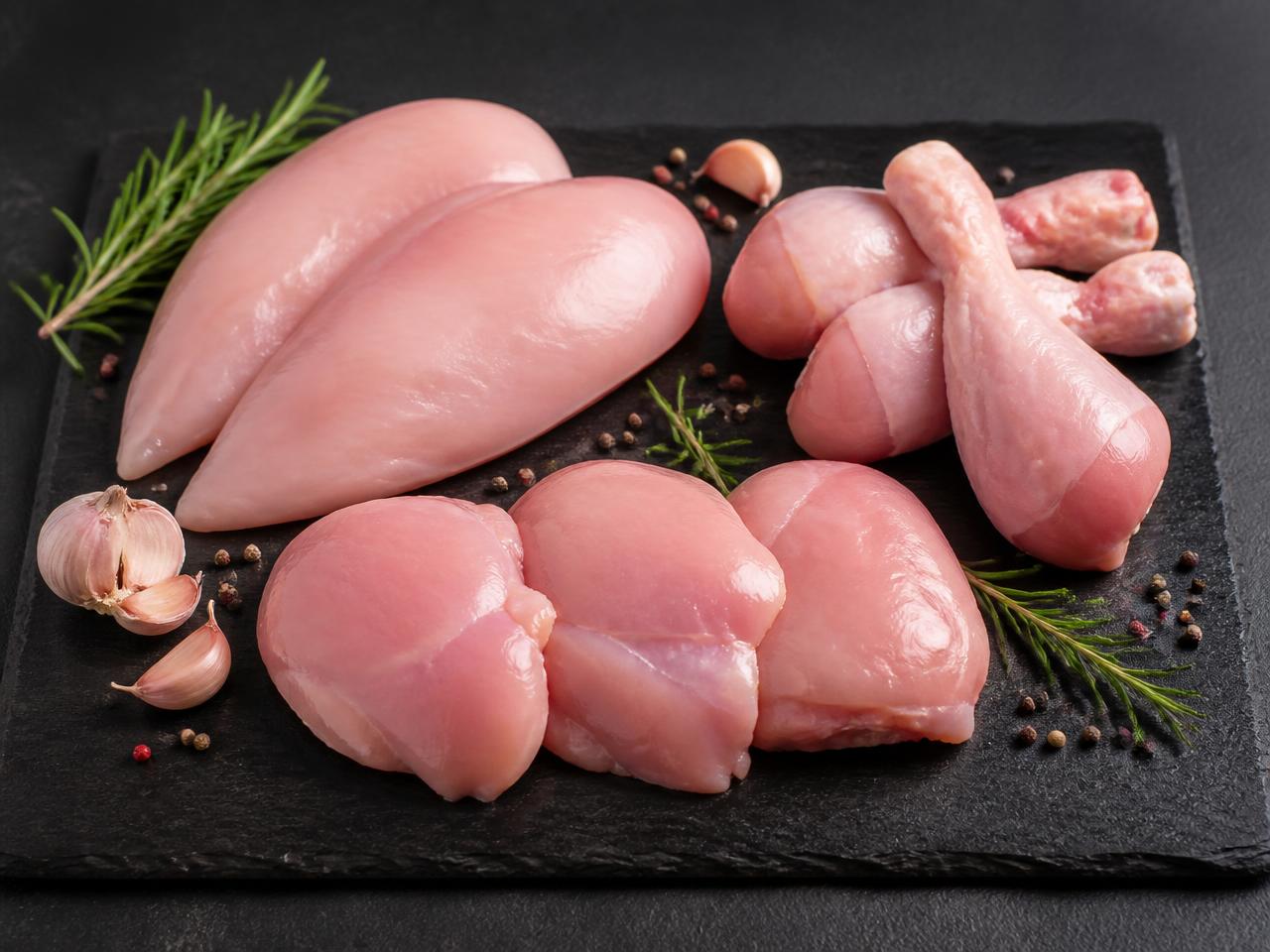 Fresh skinless chicken breast fillets, thighs and drumsticks on a dark slate platter with rosemary and peppercorns